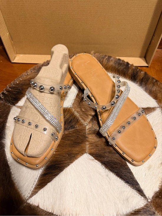 Nicole Miller Shoes - Nicole Miller Tan & Beige Rhinestone Stud Slide Sandals